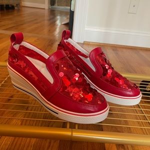 Red sequin wedge sneakers